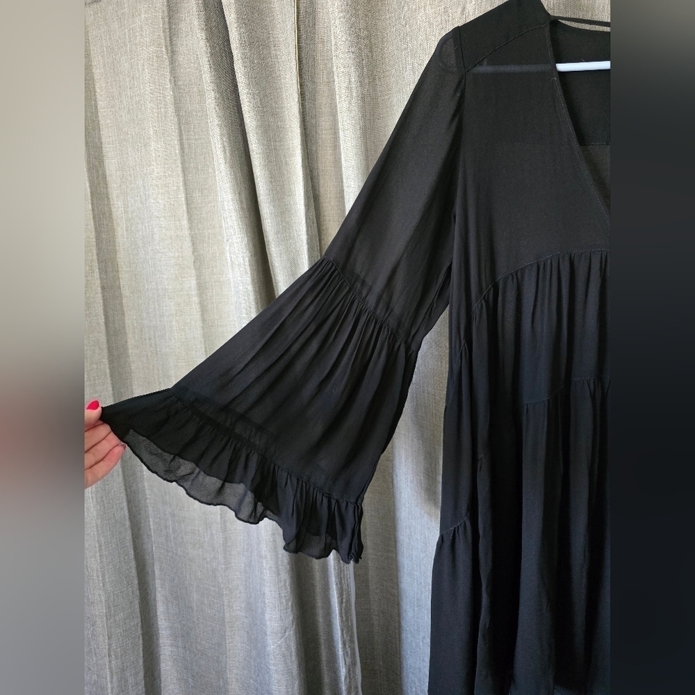 Young Fabulous Broke Sheer Long Sleeve Tiered Dress Black V Neck Size S - Picture 3 of 5